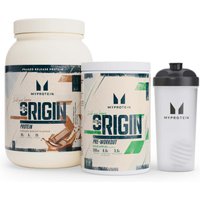 Image of Myprotein Origin Bundle - Protein - Caramelised Biscuit - Pre-Workout - Sour Apple - Shaker