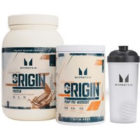 Image of Myprotein Origin Bundle - Protein - Caramelised Biscuit - Stim-Free - Orange Mango Soda - Shaker