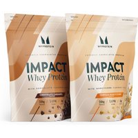 Image of Myprotein Impact Whey Protein – Twin Pack - Chocolate Caramel with Crunchy Biscuit Pieces - Vanilla Honeycomb with Crunchy Biscuit Pieces