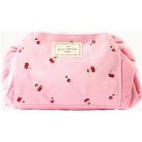 The Flat Lay Co. Drawstring Flat Lay Makeup Bag - Ditsy Cherries Pink Embroidered Velvet