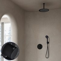 Saniclear Nero Stripes inbouw regendouche rond met 20cm hoofddouche, plafondarm en 3 standen handdouche zwart mat