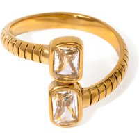 J&D Fashion Luxury 18K Gold Plated Pave Zircon Open Stainless Steel Textured Cubic Zirconia Ring for Women