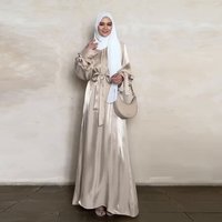 Women's Plus Size Muslim Satin Dress with Glossy Bubble Sleeve Dubai Kaftan Abaya Cardigan Maxi Style Glossy Abaya Islam Clothes
