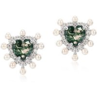 Heart Natural Green Moss Agate Stud Earrings S925 Sterling Silver Pavé Freshwater Pearl Halo Vintage Love Gemstone Earrings