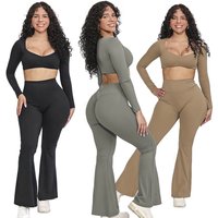 Women's Y2K 2-Piece Yoga Outfits Breathable Crop Tops & Long Sleeve Yoga Pants with Soft Solid Pattern for Lounge or Workout