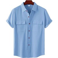 Double Pocket Cotton Linen Shirt Men 2022 Summer Short Sleeve Casual Button Down Shirts Mens Beach Holiday Breathable Top