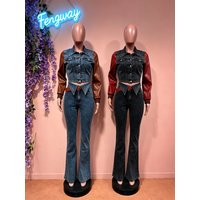Retro Quality Denim Women 2 Piece Set Outfit Trendy Leather Denim Patchwork Crop Jacket and High Waist Jeans Suits