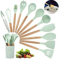 12 Pieces Natural Wooden Handles Cooking Tool BPA Free Non Toxic Silicone Turner Tongs Spatula Spoon Kitchen Gadgets Utensil Set