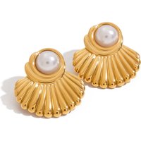 J&D Designer Niche 18K Gold Stainless Steel Earrings Glossy Fan-shaped with Half-sided Pearl Earrings