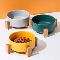 Wholesale Custom Cat Dog Bowls Set Heavy Ceramic with Wood Stand Stainless Steel Pet Food Water Dish Feeder Elevated Matting
