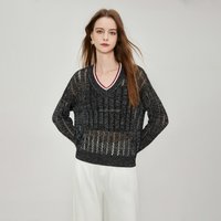 100% Polyester Sequin Knit Sweater Women V-Neck Open-Work Linen-like Core Spun Yarn Jumper Contrast Tipping Top Apparel