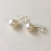 Real Solid 18k Gold Stud Earrings Freshwater Perfect Round Pearl Earrings-7.5-8 mm AAA High Luster Nature Pearl Au750 Gold