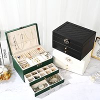 Luxury Retro Green PU Leather Three-Layer Rhombus Pattern Jewelry Organizer Vintage Style Gift Storage Box for Girls