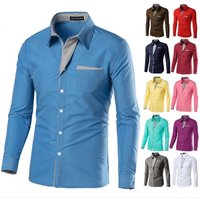 New Fashion Men Spring Autumn Solid Color Contrast Color Button Lapel Long Sleeve Business Tops Blouse Casual Shirt