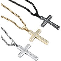 Wholesale Religious Waterproof No Tarnish Rhinestone Diamond Pearl Box Chain Unisex Stainless Steel Cross Pendant Necklace
