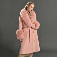 Luxury Big Real Fox Fur Collar Long Style Wholesale Ladies Cashmere Wool Handmade Rose Fur Coats Fashion Girls Wool Coat Women