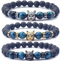 Natural Lava Rock Beads Stretch Elastic Custom Adjustable Braided Rope Gemstone Wolf Bracelets for Men Women