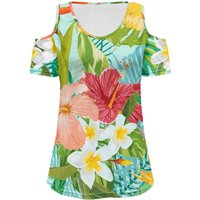 New Arrivals Hot Selling Hawaiian Floral Pattern Customised Womens Short Sleeve Cold Shoulder Basic Tee Tops Shirts for Leggings