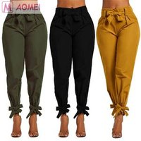 O8004 wholesale fashion woman clothing casual solid color mid waist woman pencil pants with sashes