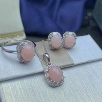 New Design Samoan 925 Sterling Silver Gold Chunky Natural Pink Opal Pendant Ring Earrings Jewelry Set for Party Engagement
