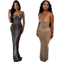 C6613 Latest Design Gown for Women Evening Dresses Spaghetti Strap Mesh Rhinestones Long Party Dress Women Sexy Club Dresses