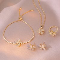 Women's Classic Rotatable Windmill Design Stainless Steel Jewelry Set Gold Plated with Zircon Stone for Party Gift Anniversary