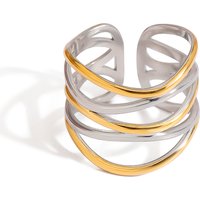 J&D Women's 18K Gold PVD Plated Linear Stainless Steel Rings Two Tone Geometric Modern Finger Opening Ring