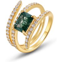 S925 Sterling Silver 14K Gold Plated Emerald Cut Green Moss Agate Wrap Ring CZ Accent Multi-Band Modern Statement Ring for Women