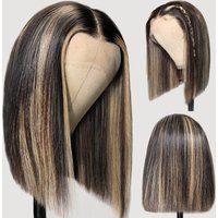 12 Inches Upgraded 5X6 Large Lace Straight Bob Wigs HIighlight Balayage Color Short Bob Wear Go Glueless Wig