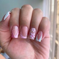 24 Pcs 3771 Fresh Floral French Style Patchwork 3D Diagonal Short Square Nails Press on Nails Artificial Fingernails