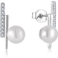 YILUN 925 Sterling Silver Pearl & CZ Bar Stud Earrings Rhodium Plated Minimalist Design Round White Pearl Dangle Bridal Earrings
