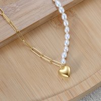 GPN33 Half-Cultured Freshwater Pearl Half-Paper Clip Chain Necklace Heart Pendant 925 Sterling Silver Fine Jewelry Women Gifts