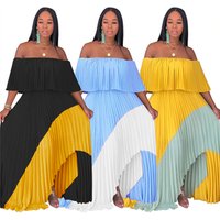 07AF293 hot sale color block off shoulder casual summer pleat maxi chiffon wholesale cheap woman casual long dress