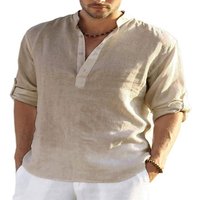 Fitspi Men's Casual Cotton and Linen Solid Color Long Sleeved Shirt Loose Lapel Shirt Fashion in Stock Wholesale