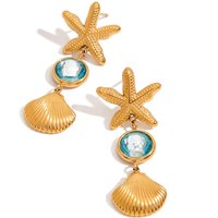 J&D Niche Funky 18K Gold Stainless Steel Transparent Blue Faceted Glass Starfish Shell Earrings