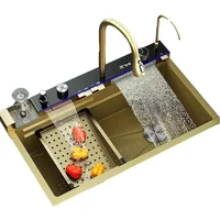 New Trend Gold Modern Multifunctional Kitchen Stainless Steel Sink with Waterfall Faucet and Cup Washer for Restaurant Kitchen