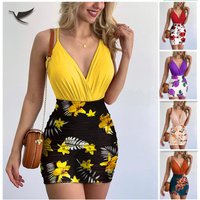 New Trendy Women Summer Outfits Dress Sets Flower Printed Women 2 Piece Skirt Set