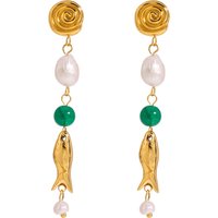 J&D Ocean Design 18K Stainless Steel Waterproof Freshwater Pearl Green Agate Fish Charm Long Earrings