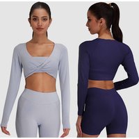 XW-Q075 Custom Elastic Gym Activewear Breathable Fitness Corset Long Sleeve Yoga Cross Front Women Workout Sports Crop Tops
