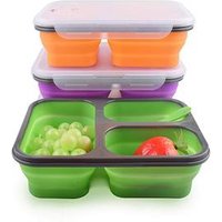 3 Compartment Collapsible Silicon Food Container with Lid Foldable Silicone Lunchbox BPA Free Food Storage Container Box