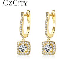 CZCITY Sterling Silver Square Huggie Drop Gold Plated Earrings Zircon Color Cubic Women Fashion Earrings