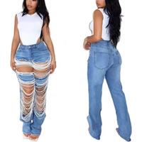 New Arrival Women Fashion Ripped Pearl Beading Hollow Out Tassel Jeans Denim Street Pants Wide Leg Denim Pants Jeans
