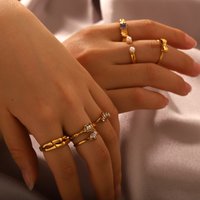 Stainless Steel Waterproof Dainty Bow Knot 18K Gold Plated Simple Color Zircon Pearl Open Rings for Lady