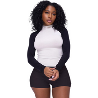 Black Long Sleeve T-Shirt & Shorts Lounge Wear Set with Bow Collar & Pattern Headband Skinny Fit Spring Clothing Made Polyester