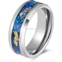 POYA 8mm Unisex Steel Tungsten Carbide Ring with Blue Opal Gold Leaf Inlay Trendy Wedding Band for Men's Engagement Party Gift