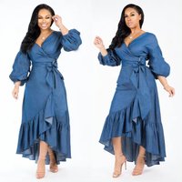 Plus Size Summer Long Denim Maxi Dress Women Jean Ladies Casual Backless Dresses