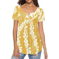 2025 New Classical Women's Summer Casual Short Sleeve Tunic Blouse Tops Yellow Puakenikeni Hawaiian Design Vintage Print Demand