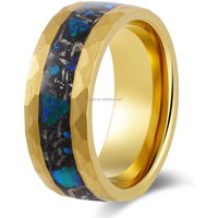POYA Vintage 8mm Hammered Gold Tungsten Ring Blue&Green Opal&Meteorite Shaving Inlay Husband Birthday Gift Promise Ring for Him