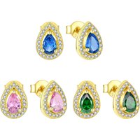 High Quality 18K Gold Plated Sterling Silver Stud Earrings Drop-shaped Water with Colorful CZ Gems for Wedding Anniversary Party