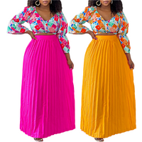 MG3262 Latest Design Skirt and Top Set for Women V-neck Printed Blouse + Pleated Long Skirts Set 2 Piece Outfits for Women